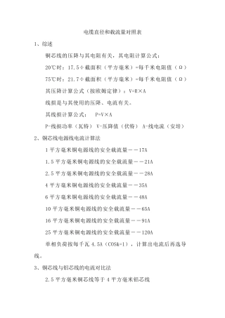 电缆直径和载流量对照表