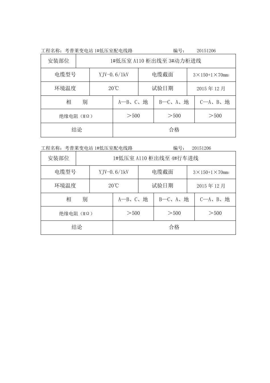 电缆试验报告低压绝缘阻值试验_第2页