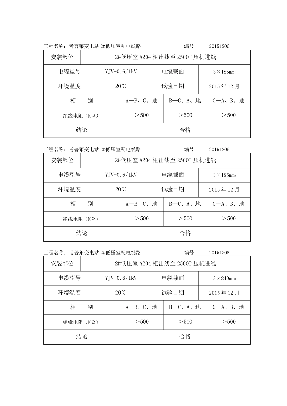 电缆试验报告低压绝缘阻值试验_第3页