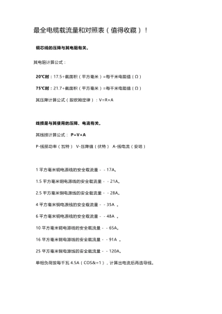 电缆载流量和对照表