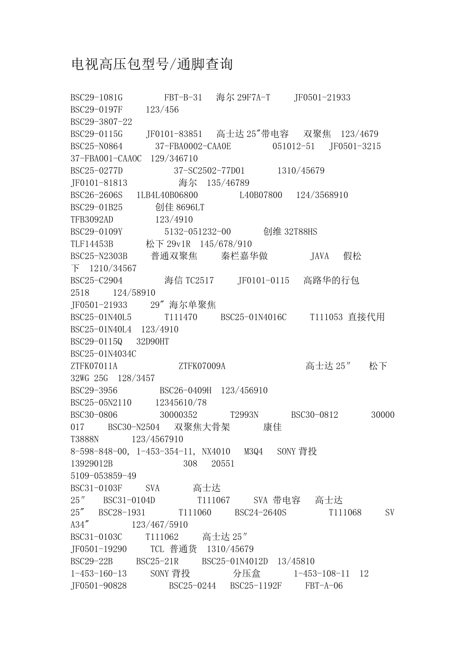电视高压包型号通脚查询_第1页