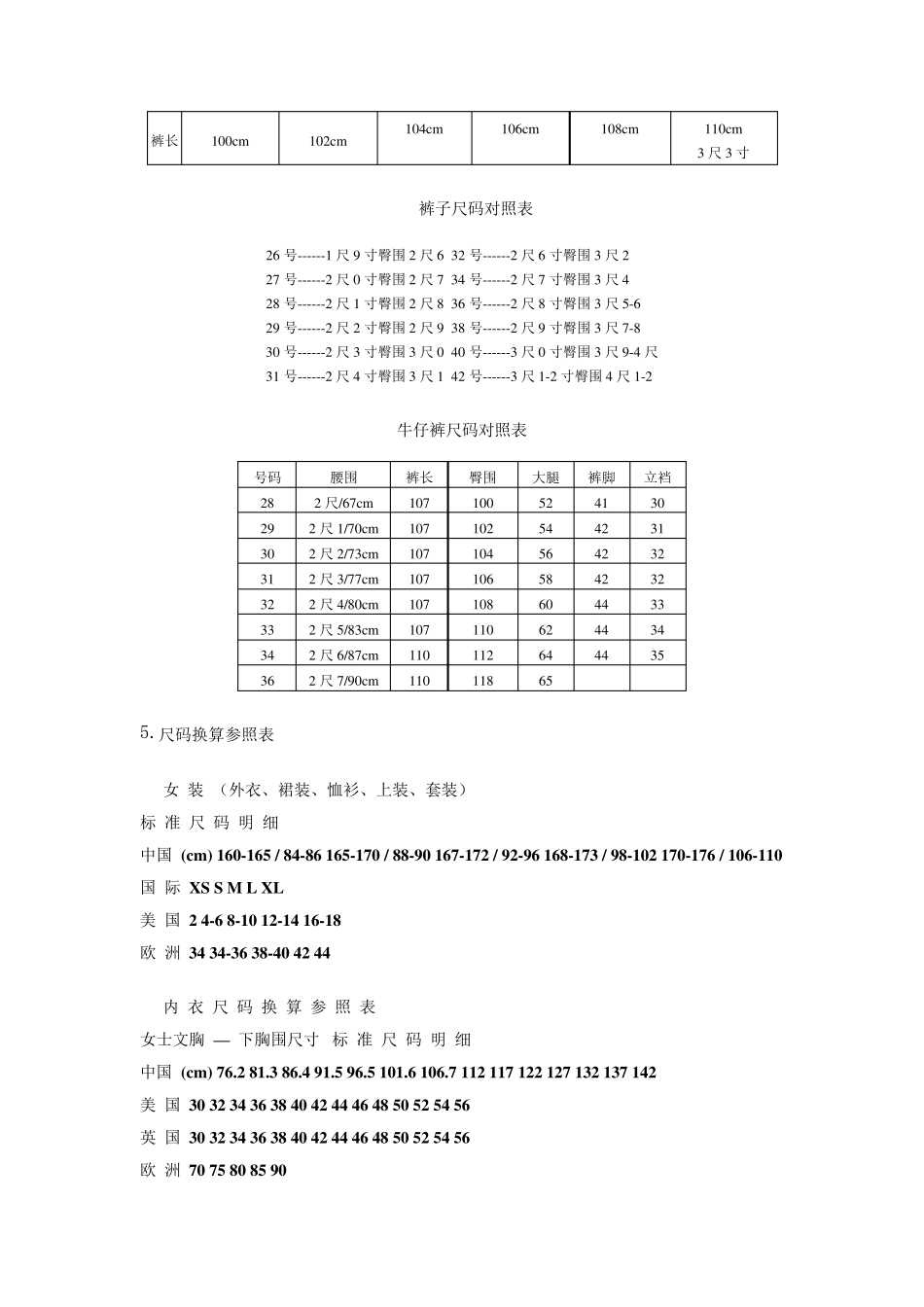 男装、女装衣服尺码对照表_第3页