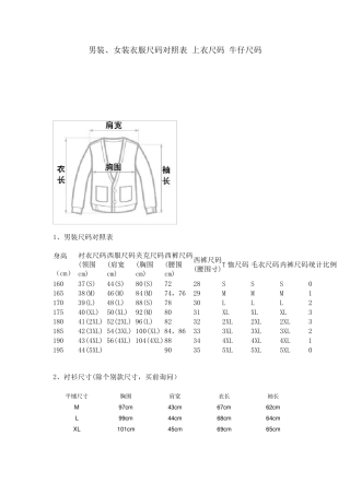 男装、女装衣服尺码对照表_上衣尺码_牛仔尺码