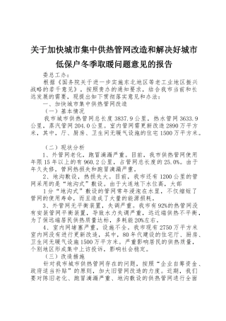 关于加快城市集中供热管网改造和解决好城市低保户冬季取暖问题意见的报告