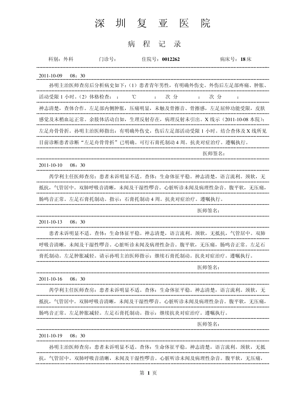 病程、术后病程记录模版_第1页