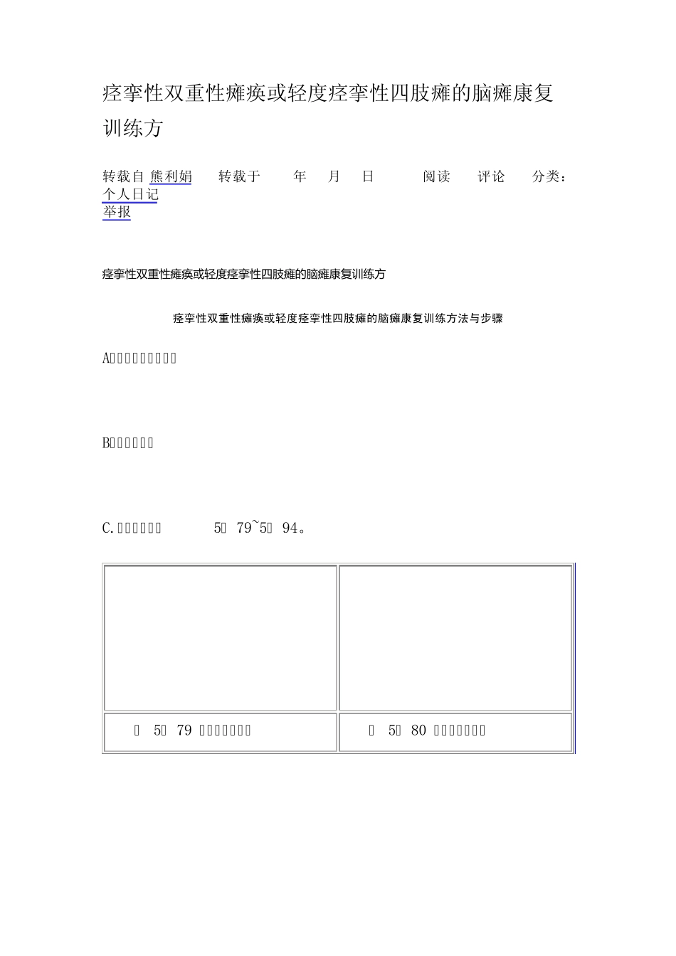 痉挛性双重性瘫痪或轻度痉挛性四肢瘫的脑瘫康复训练方_第1页