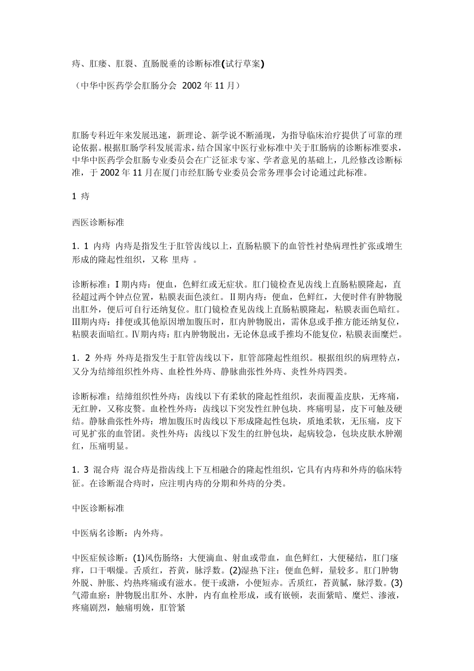 痔、肛瘘、肛裂、直肠脱垂的诊断标准.亚甲蓝应用_第1页