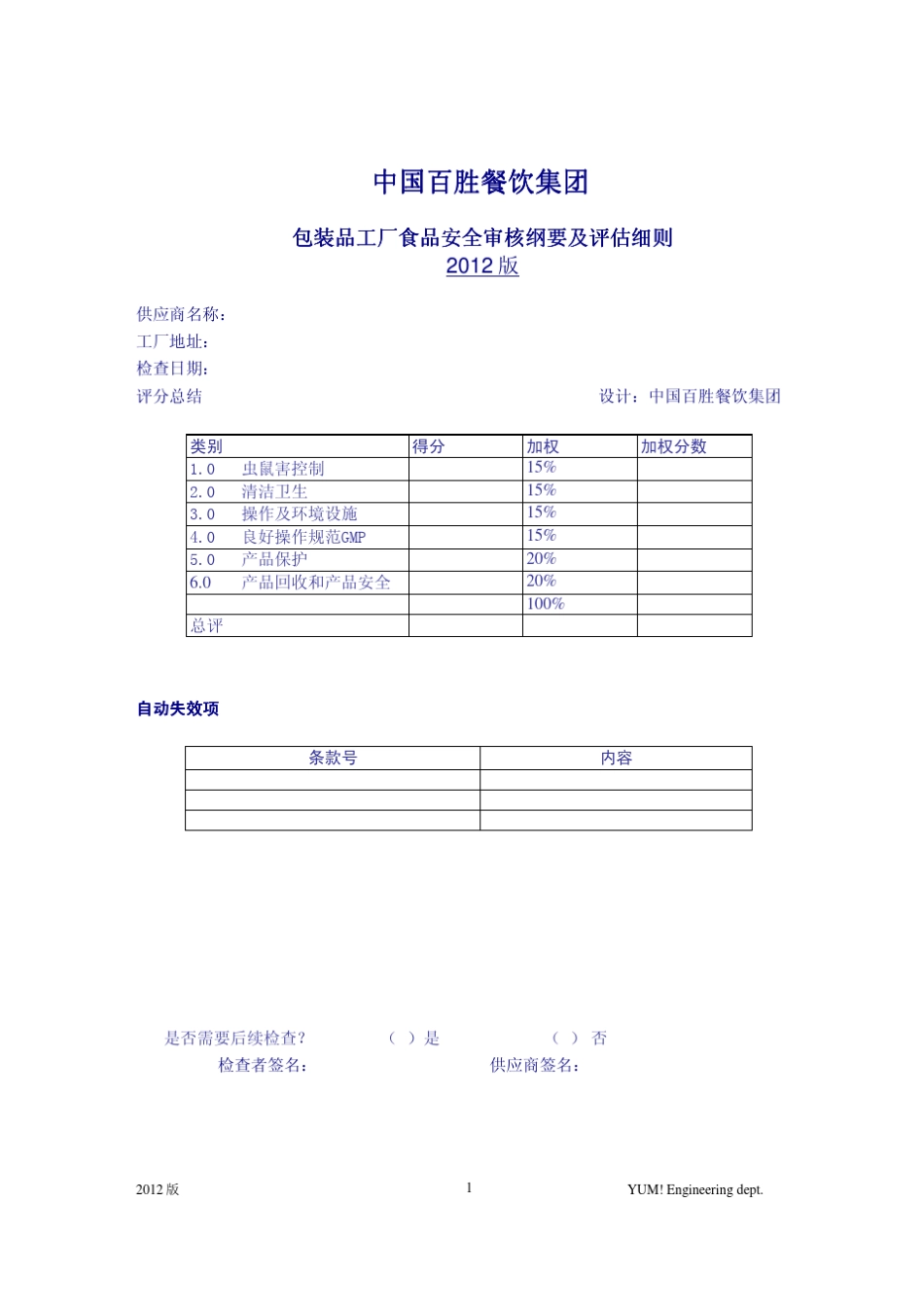 百胜包装品工厂食品安全审核纲要及评估细则V2012_第1页