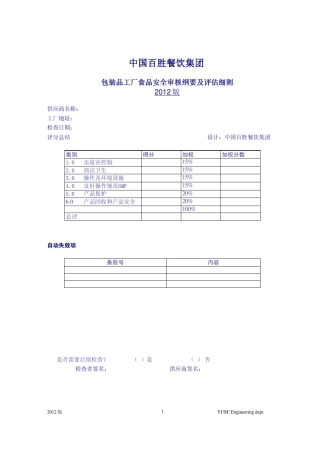 百胜包装品工厂食品安全审核纲要及评估细则V2012