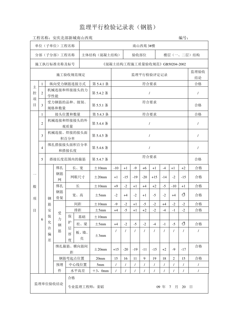 监理平行检验记录表钢筋_第1页