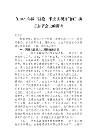 在2025年区“拼抢一季度+实现开门红”动员部署会上的讲话