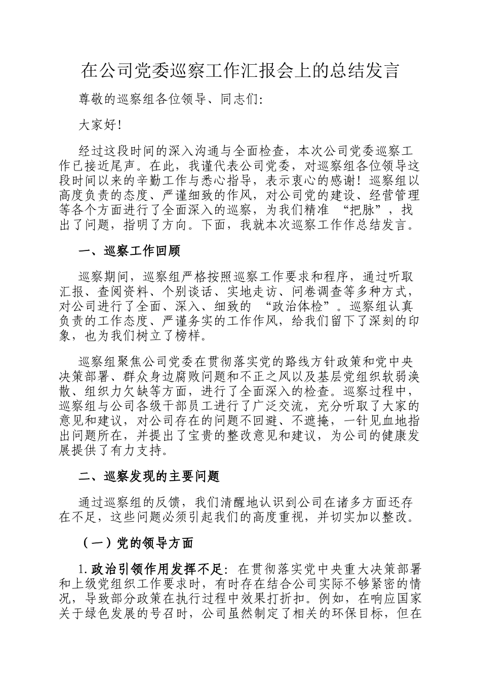 在公司党委巡察工作汇报会上的总结发言_第1页