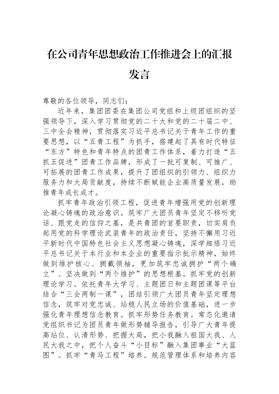 在公司青年思想政治工作推进会上的汇报发言 【资深秘书】_第1页