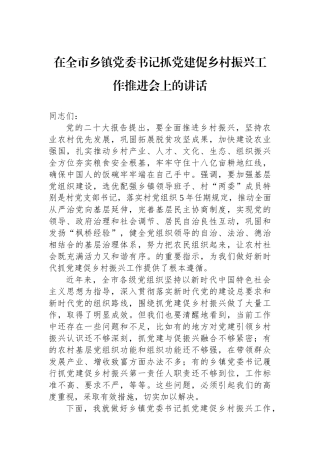 在全市乡镇党委书记抓党建促乡村振兴工作推进会上的讲话 