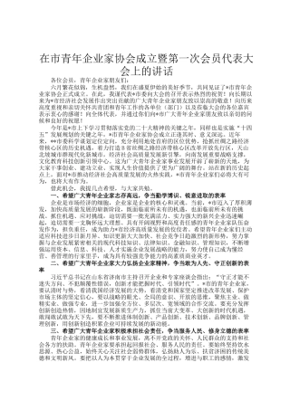 在市青年企业家协会成立暨第一次会员代表大会上的讲话