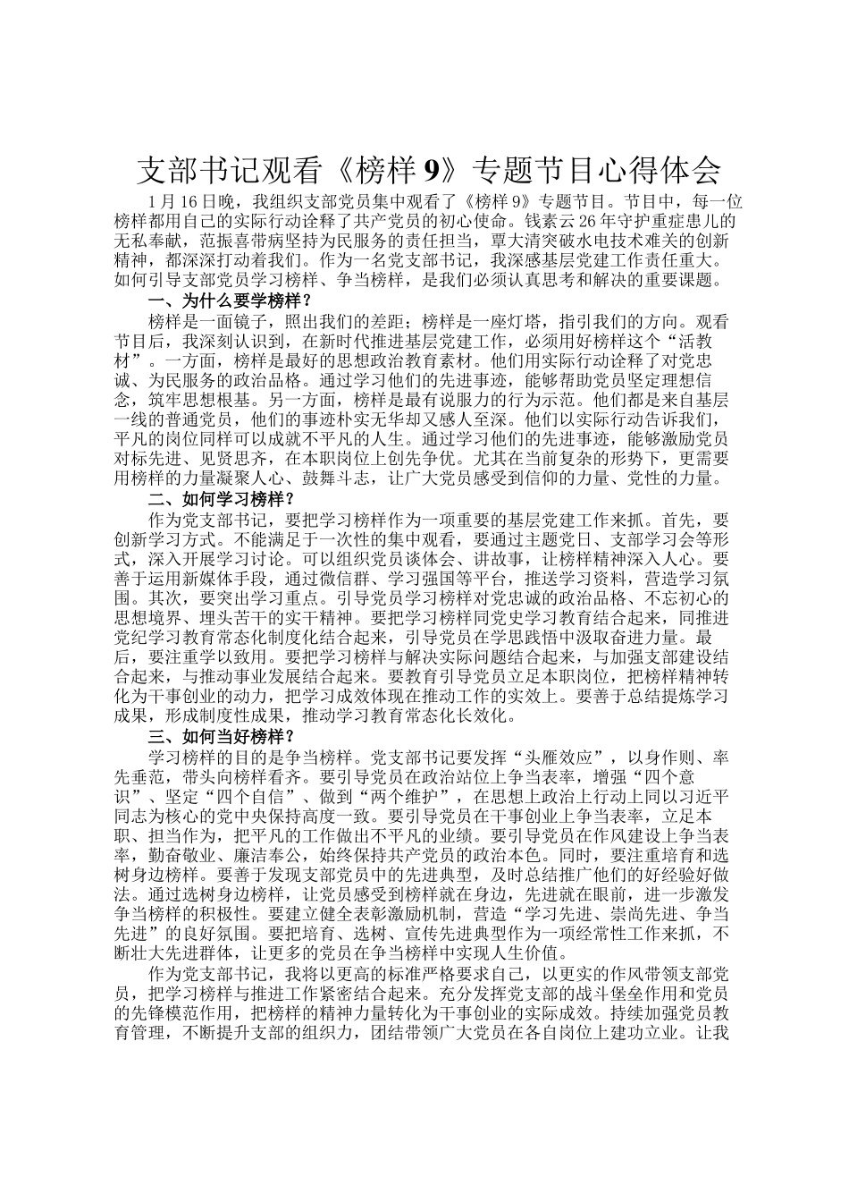支部书记观看《榜样9》专题节目心得体会_第1页