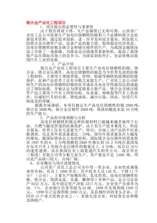 镁合金产业化工程项目商业计划书