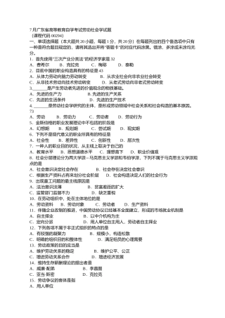 2025年7月广东省高等教育自学考试劳动社会学试题课程代码