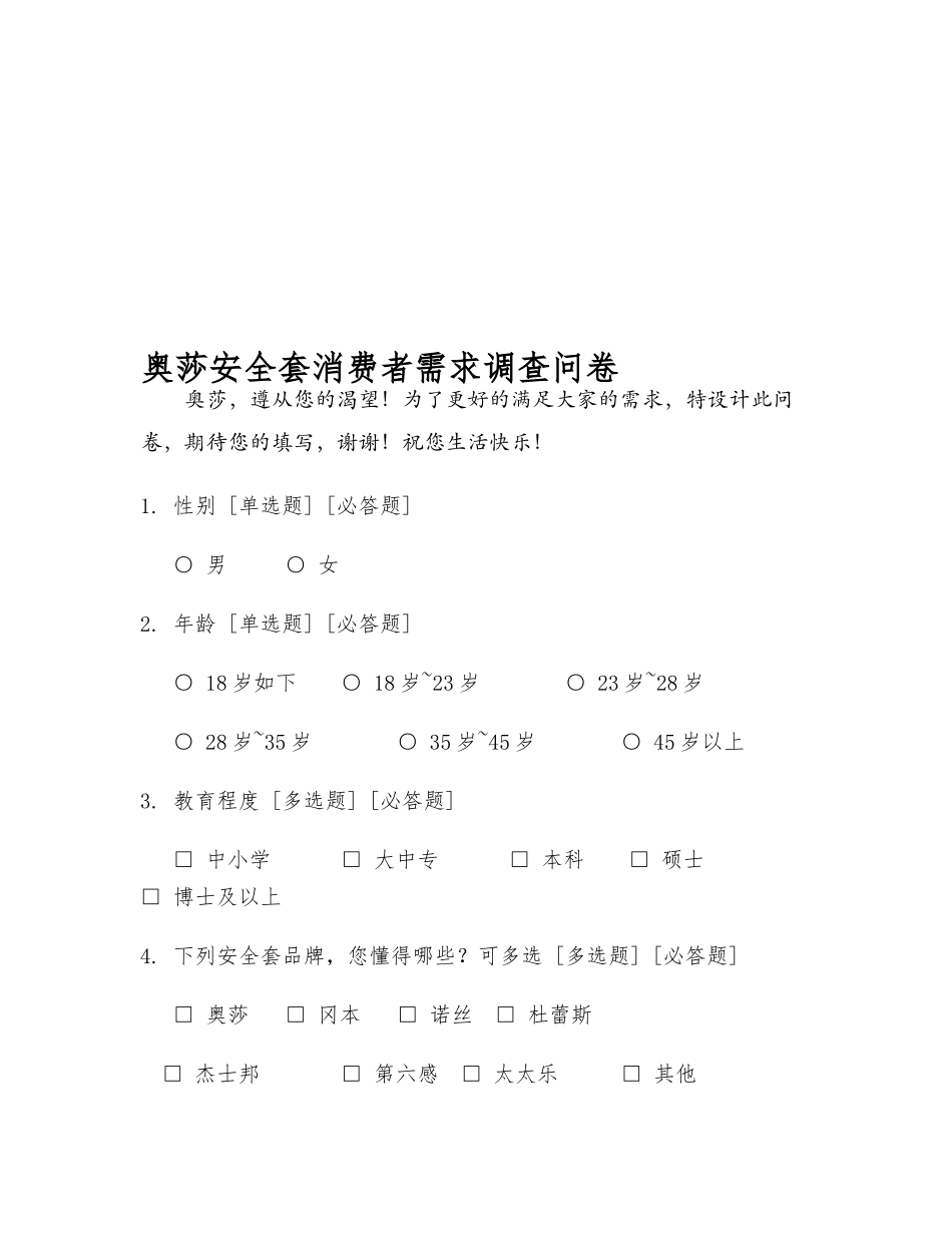 2025年奥莎安全套消费者需求调查问卷_第1页