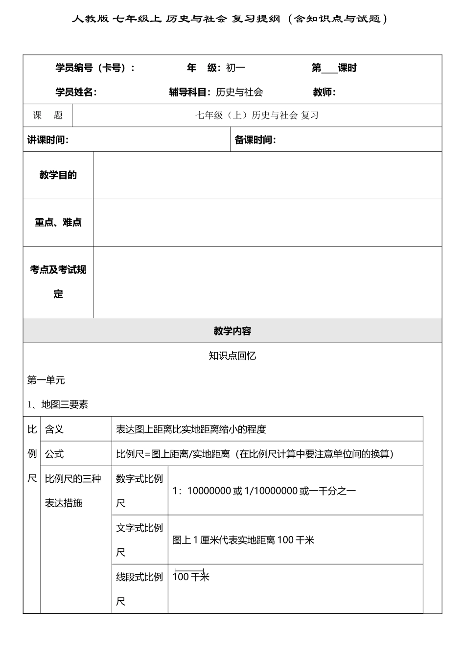 2025年人教版七年级上历史与社会复习提纲含知识点与试题_第2页