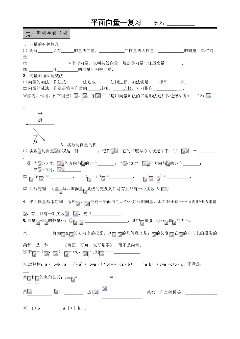 2025年必修4平面向量复习知识点+例题+练习_第1页