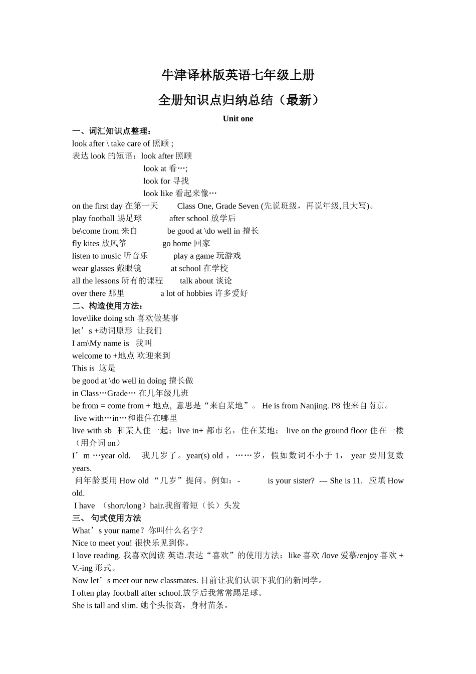 2025年牛津译林版英语七年级上册分单元知识点归纳总结Unit_第1页