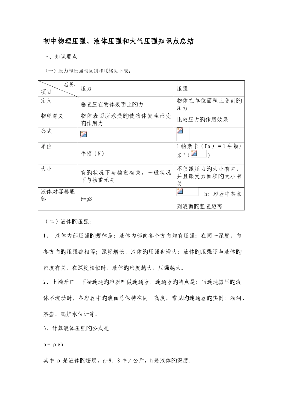 2025年初中物理压强液体压强和大气压强知识点总结_第1页