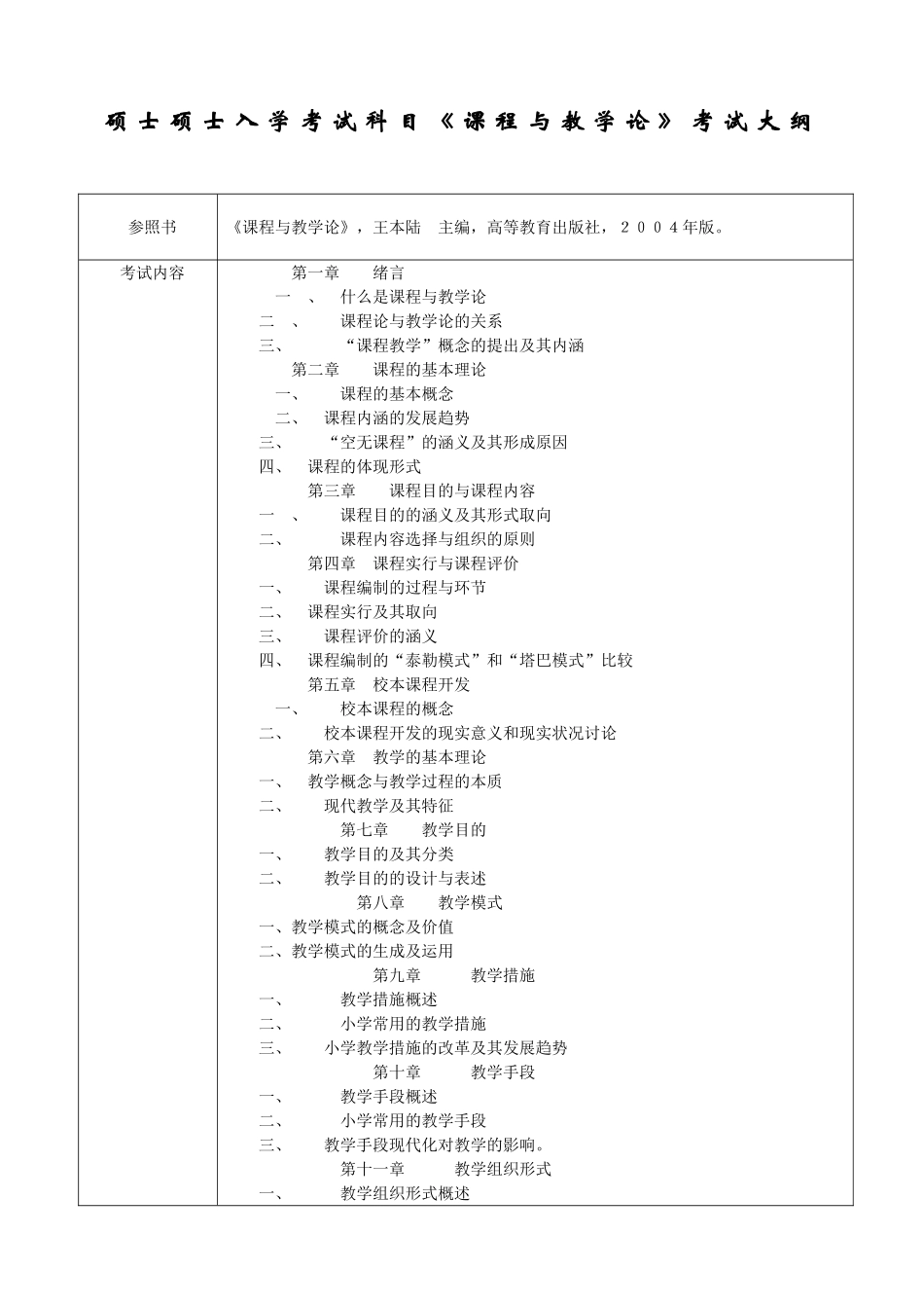 2025年硕士研究生入学考试科目课程和教学论考试大纲_第1页