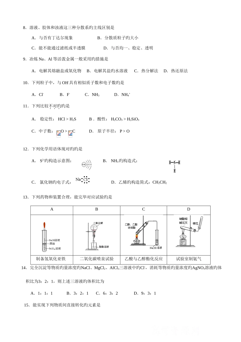 2025年南京九中学业水平测试必修课目模拟试卷化学_第2页