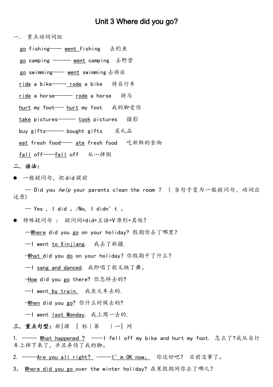 2025年PEP六年级下册英语第三单元知识点Unit3Wheredidyougo_第1页