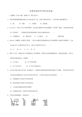 2025年中考真题解析化学甘肃酒泉市原卷版