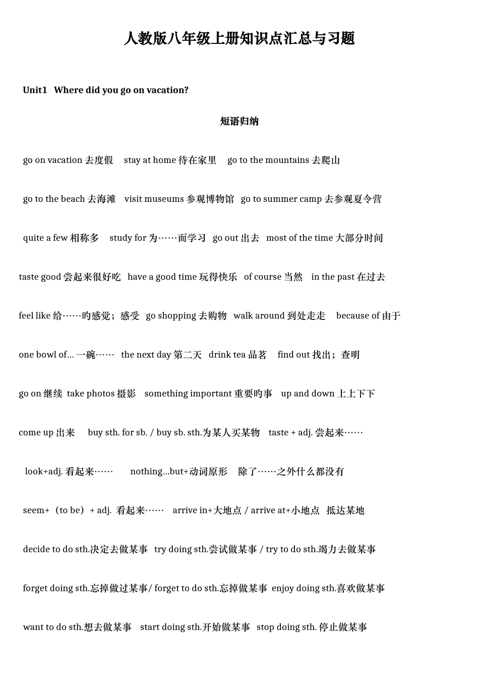 2025年人教版八年级上册英语各章知识点归纳框架_第1页