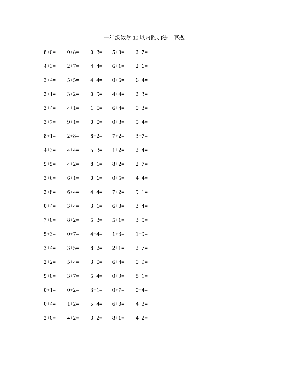 2025年人教版小学一年级全册口算练习题大全_第1页