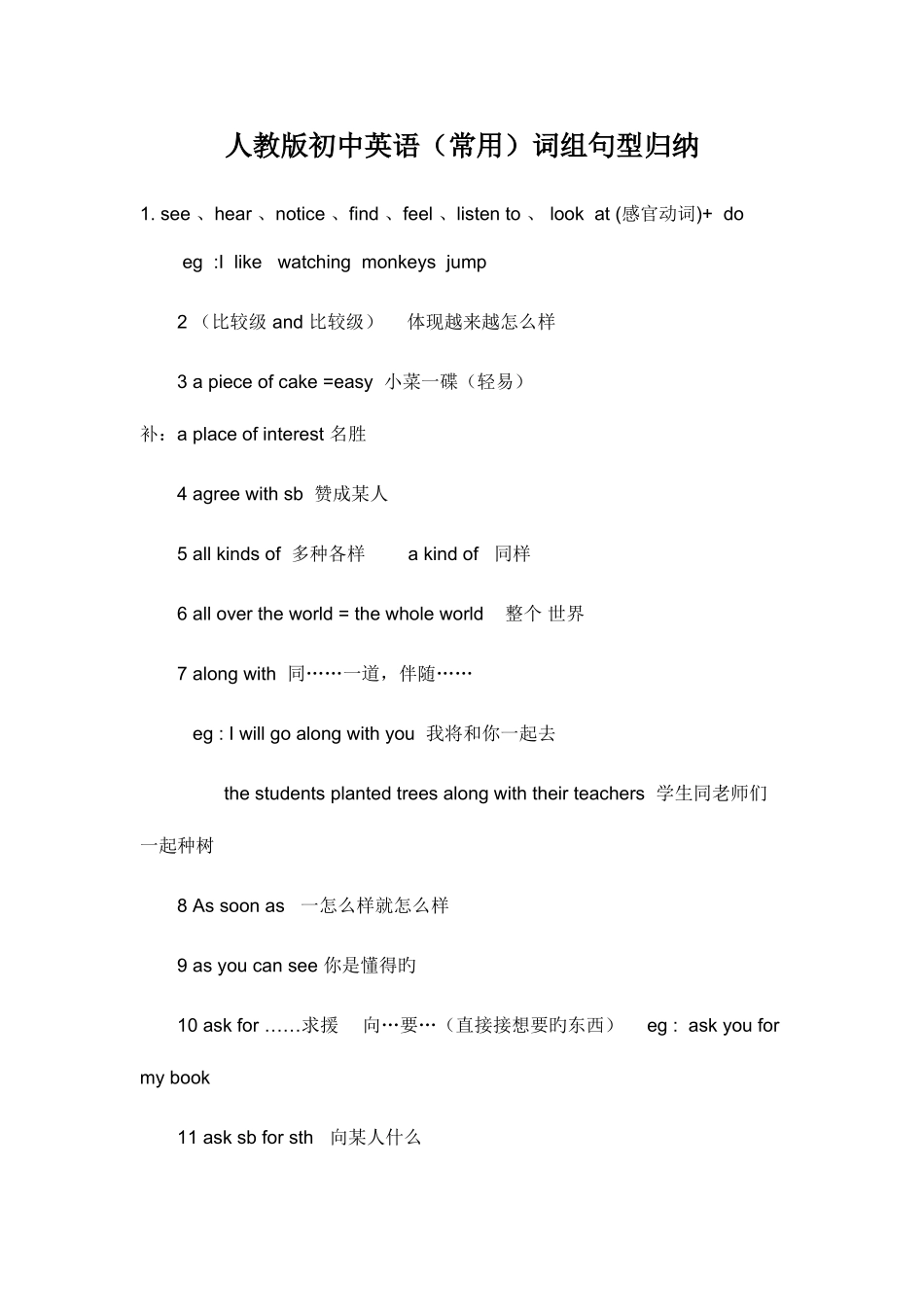 2025年人教版初中英语词组句型归纳_第1页