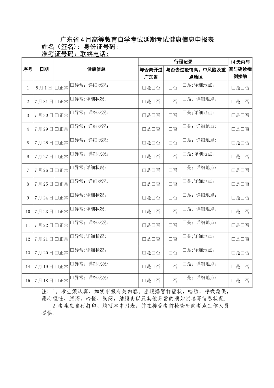 2025年广东省4月高等教育自学考试延期考试健康信息申报表_第1页