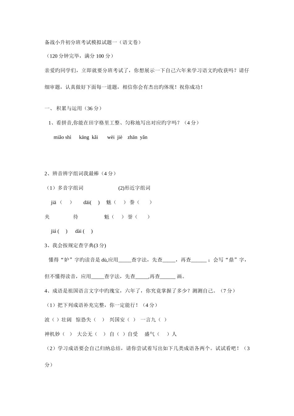 2025年备战小升初分班考试模拟试题一_第1页