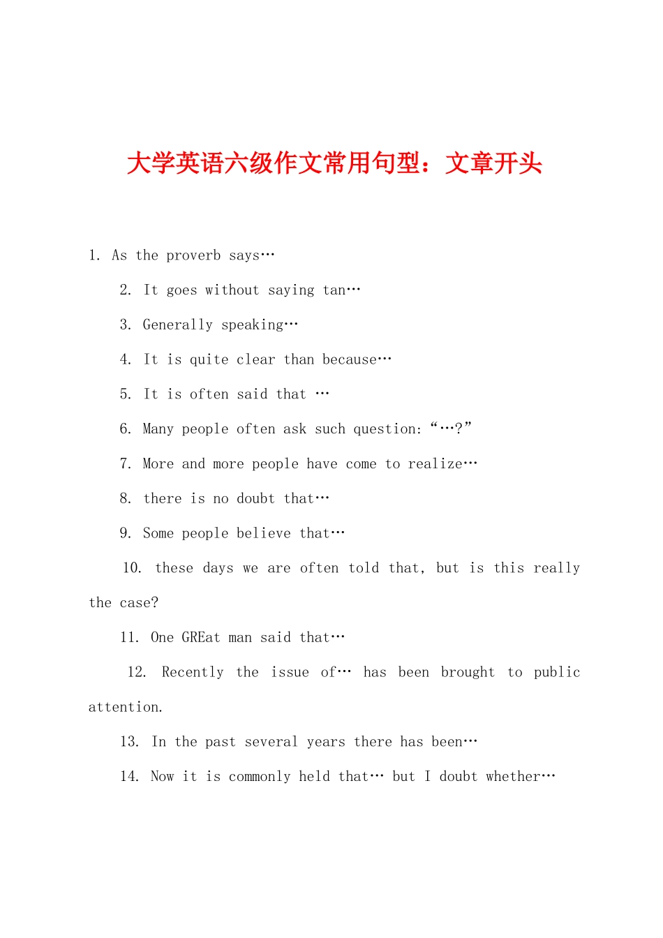 2025年大学英语六级作文常用句型文章开头_第1页