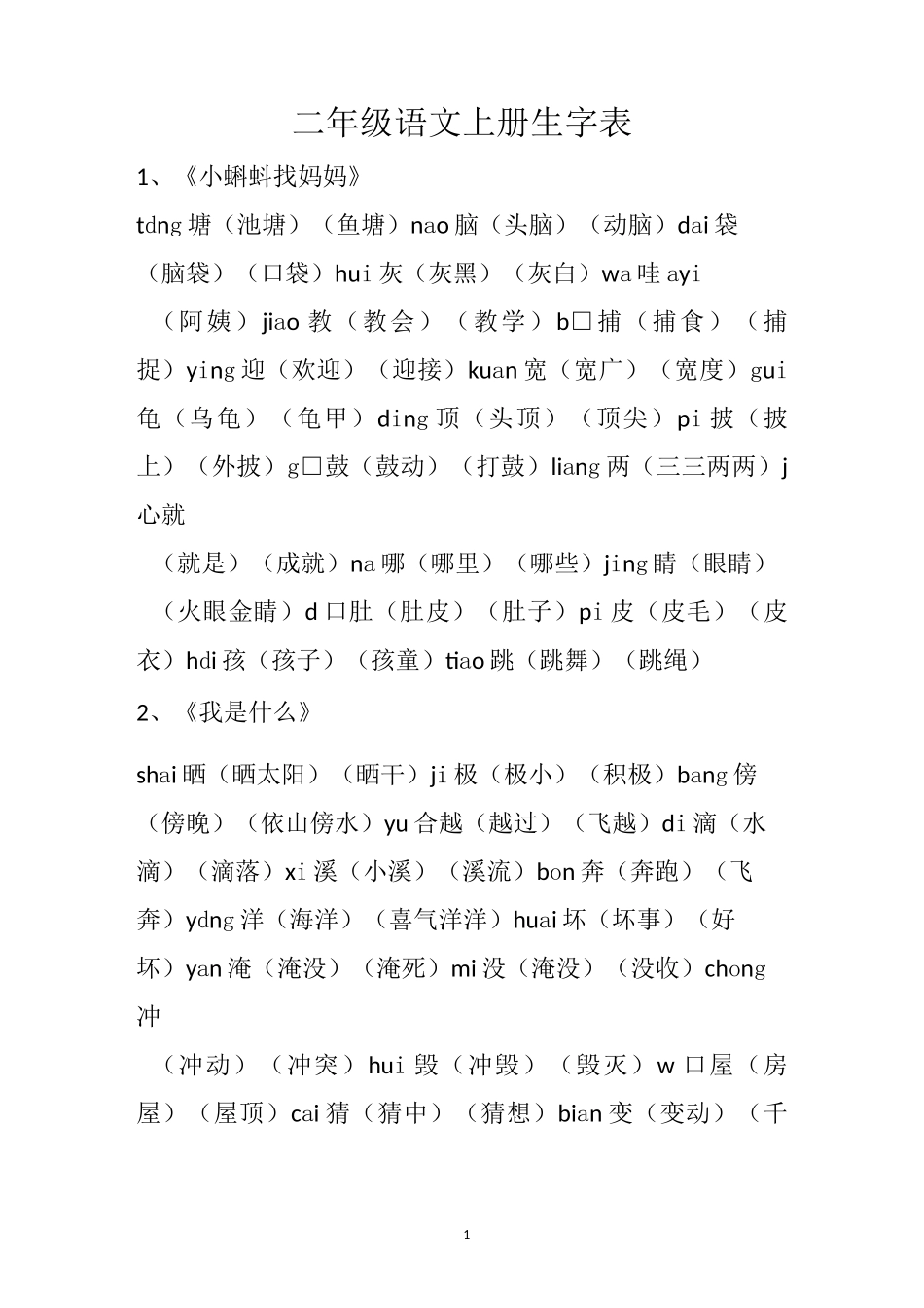 二年级语文上册生字表_第1页
