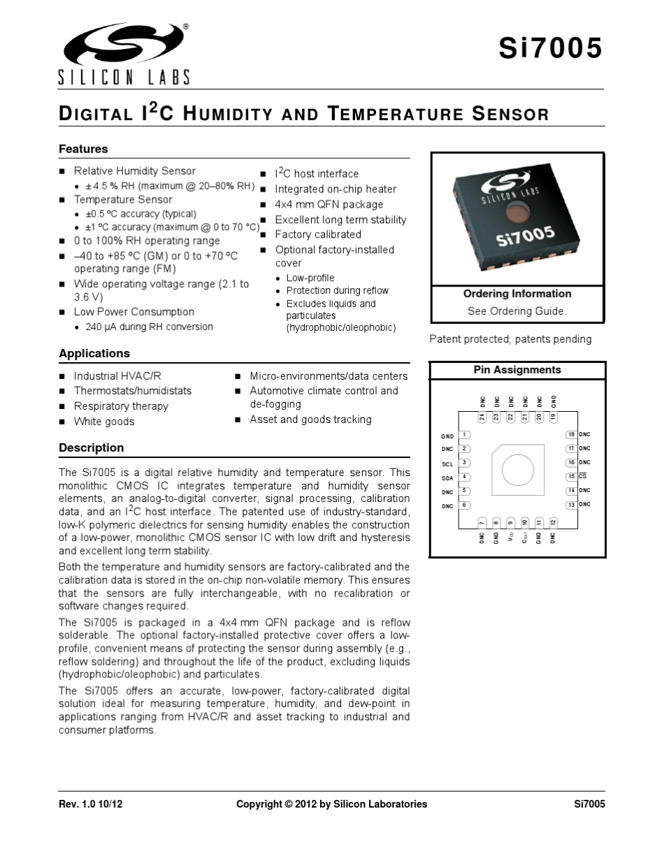 相对湿度和温度传感器Si7005_第1页