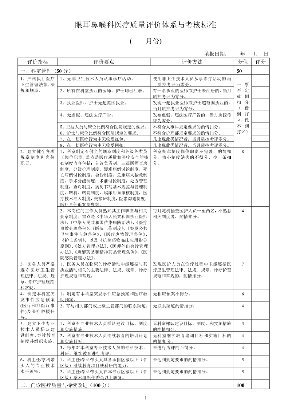 眼耳鼻喉科医疗质量评价体系与考核标准_第1页