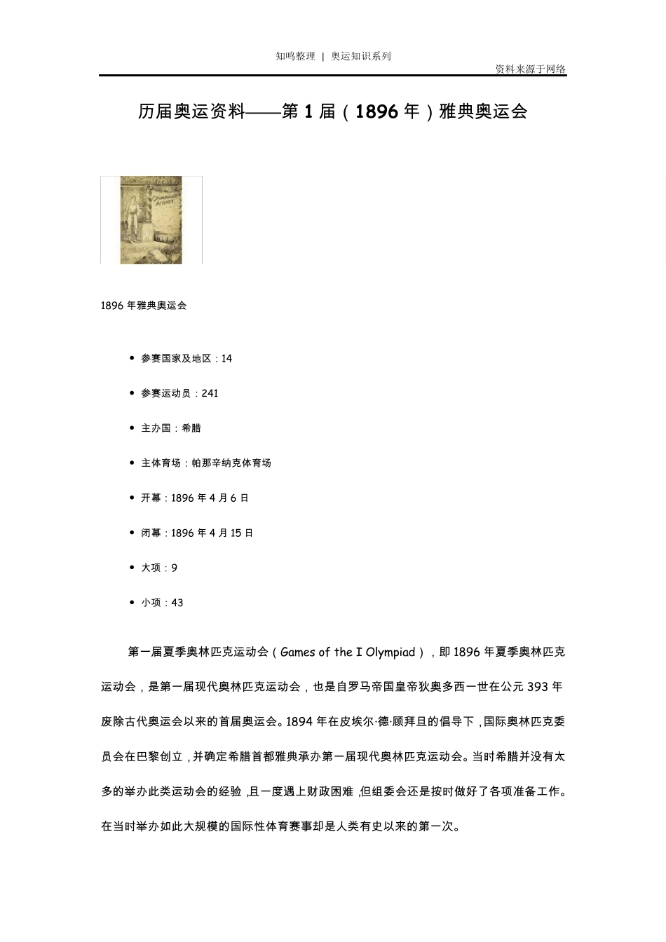 知鸣收藏：历届奥运资料——第1届(1896年)雅典奥运会_第1页