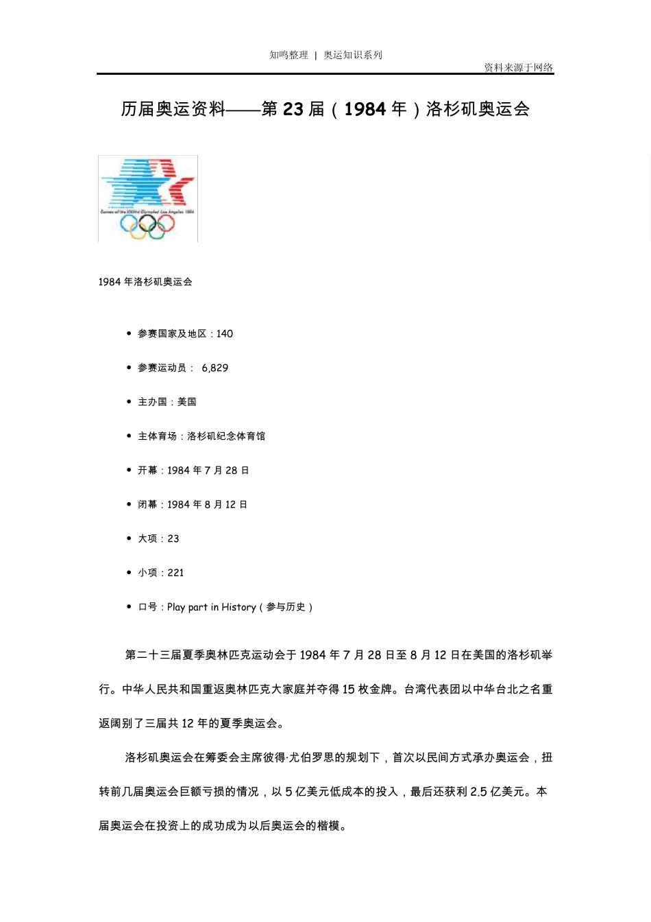 知鸣收藏：历届奥运资料——第23届(1984年)洛杉矶奥运会_第1页