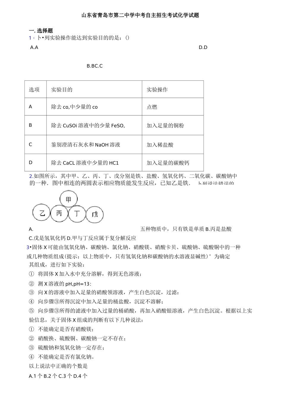 山东省青岛市第二中学中考自主招生考试化学试题_第1页