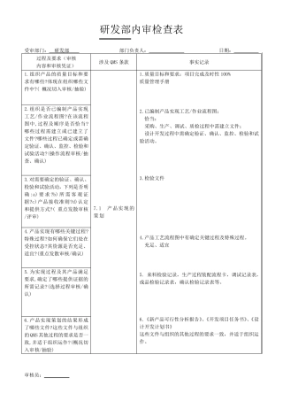 研发部内审检查表