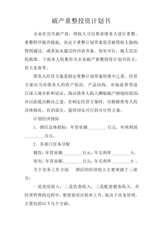 破产重整投资计划书