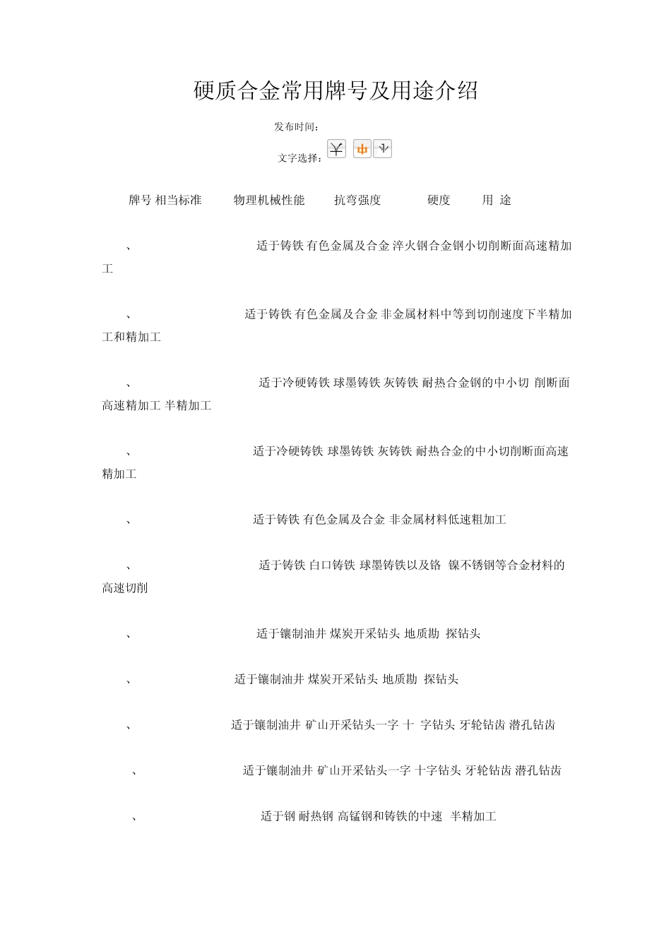 硬质合金常用牌号及用途介绍_第1页