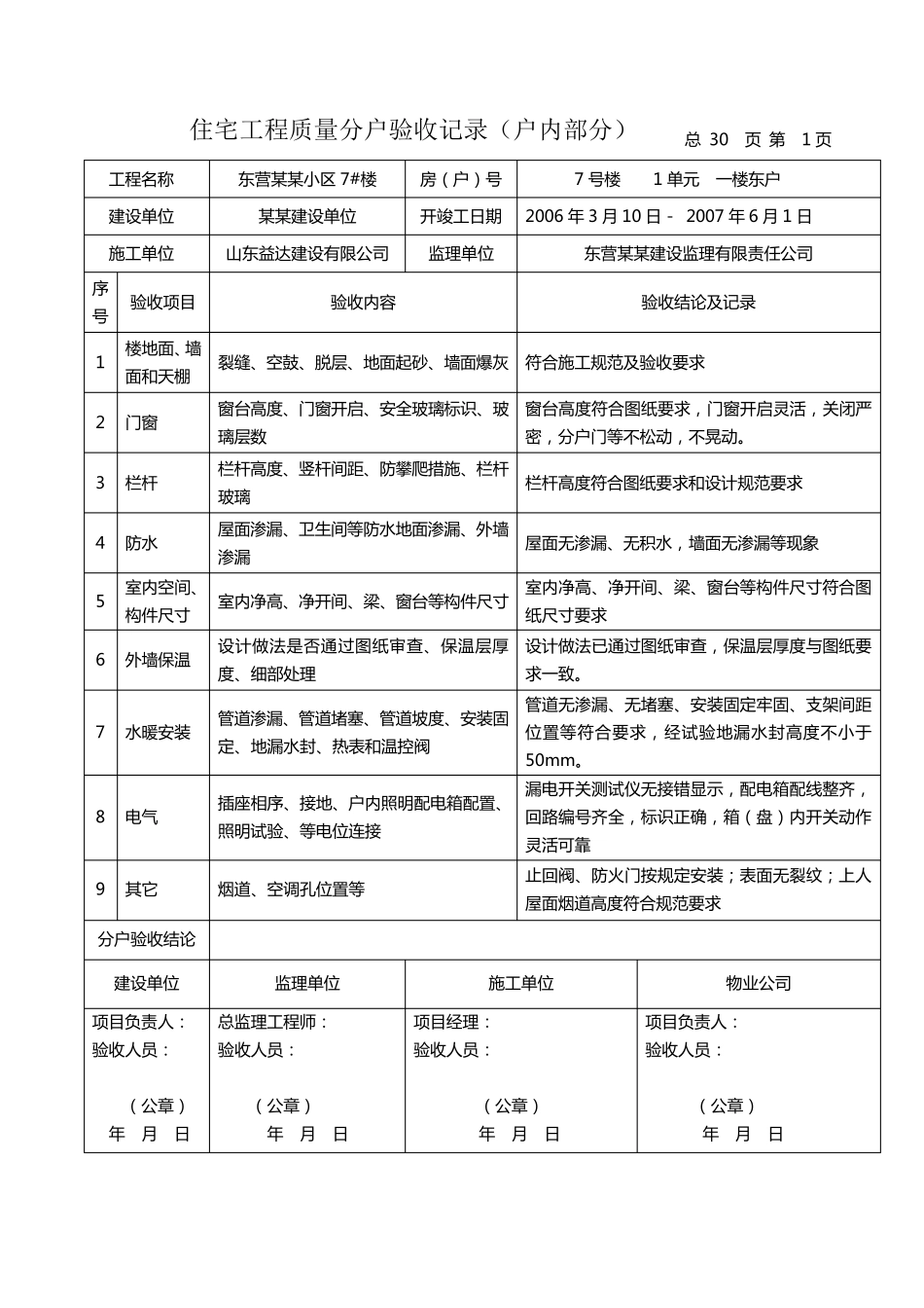 示例住宅工程质量分户验收记录_第1页