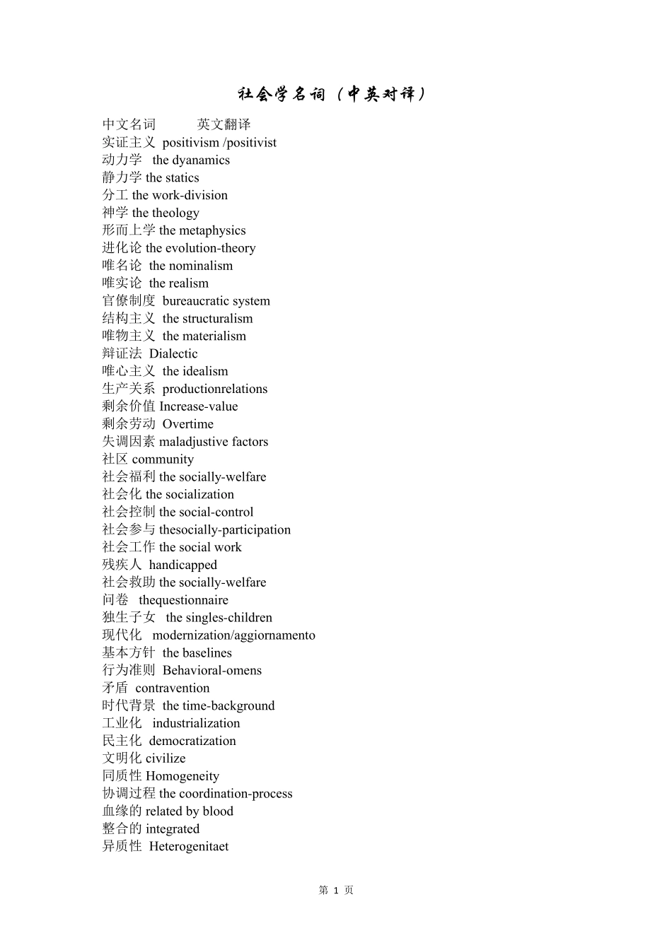 社会学名词(中英对译)_第1页
