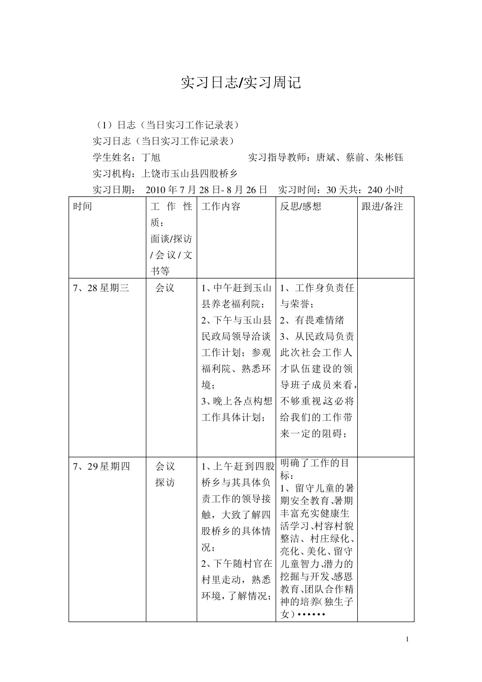 社会工作实习日志11111111_第1页