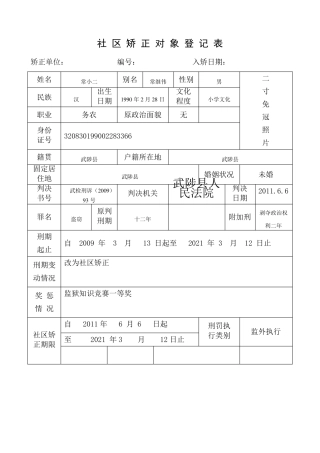 社区矫正对象登记表